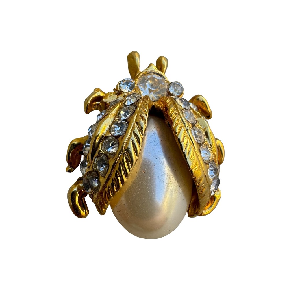 Vintage‎ Gold Tone Faux Pearl Rhinestone Beetle Bug Scarab Brooch Pin Statement